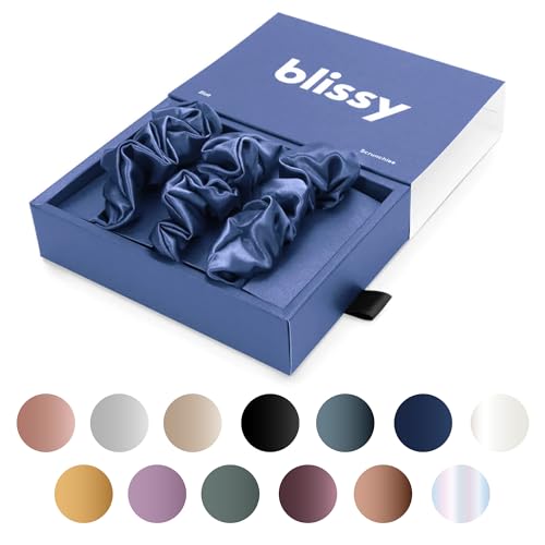 Image of Blissy Silk Scrunchies (3 Pack) - 100% Pure Mulberry Silk - 22 Momme 6A High-Grade Fibers Scrunchie for Straight & Curly Hair - Preventing Breakage, Tangling, & Creasing (Blue Skinny)