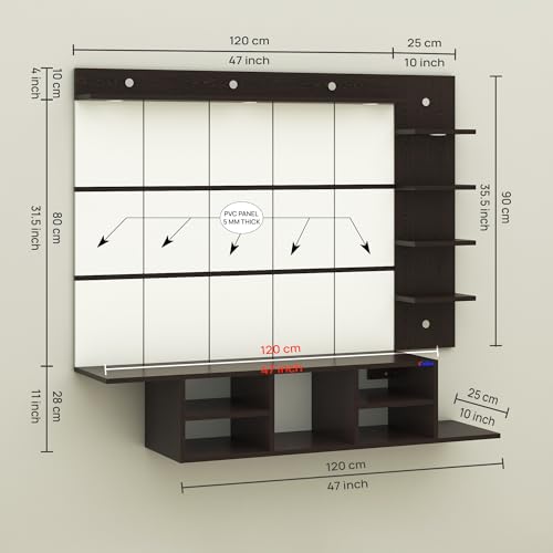 Image of Anikaa Charley Engineered Wood Wall Mount Striped PVC Back Panel TV Unit with Spot LED Lights | TV Cabinet with Open Storage Box (Wenge) | Ideal for UP to 43 Inch TVs - DIY Installation