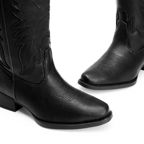 DREAM PAIRS Cowboy Boots for Women Cowgirl Western Mid Calf Boots Snip Toe Embroidered Stitched Low Chunky Heel Pull On Fashion Boots,Size 11,All Black,SDMB25005W-2