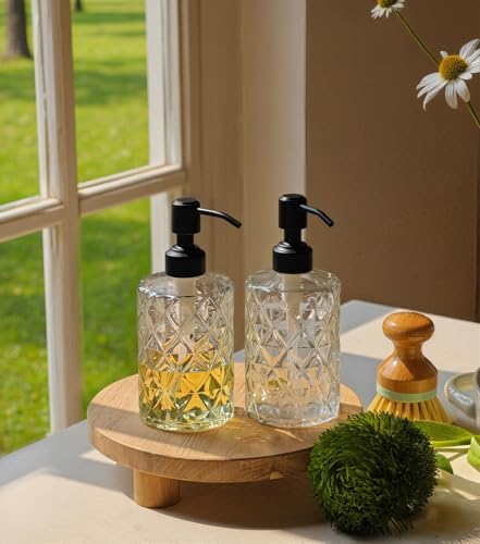 Image of JASAI Diamond Design 12 Oz Glass Soap Dispenser with Black Pump | Small Hand soap Dispenser with Rust Proof Pump, Bathroom Soap Dispenser for Hand Soap, Liquid Soap, Dish Soap.