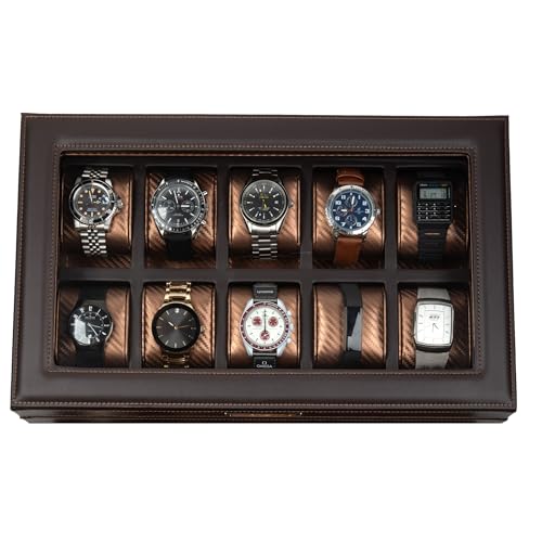 HOUNDSBAY Mariner Oversize Watch Box Display Case | Luxury Carbon Fiber Pattern Interior with 10 Wide Watch Slots to Hold Big Face Watches (Dark Brown)