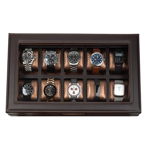 HOUNDSBAY Mariner Oversize Watch Box Display Case | Luxury Carbon Fiber Pattern Interior with 10 Wide Watch Slots to Hold Big Face Watches (Dark Brown)