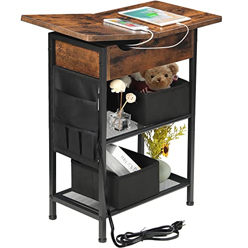Y&M End Table With Charging Station, Narrow Flip Top Side Table With Usb Ports And Outlets, Bedside Table With Storage Shelf For Small Spaces, Nightstand Sofa Table For Living Room Bedroom - Brown #TOP30