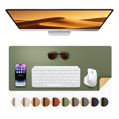 Aothia Aothia Dual-Sided Desk Mat - Natural Cork & Leather Desk Protector, Large Mouse Pad & Writing Pad for Office/Home, Olive Green (25.6"x13.7")