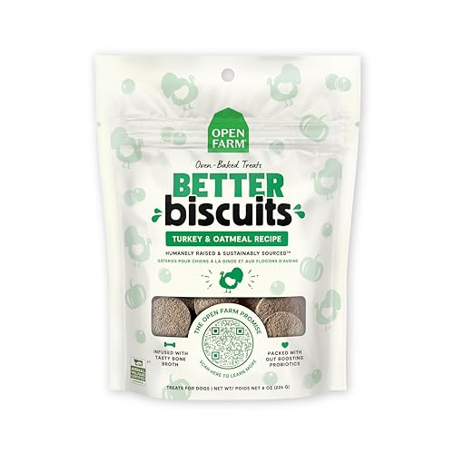 Open Farm Better Biscuits, Oven Baked Dog Treats with Probiotics, Turkey & Oatmeal Recipe, 8oz Pouch