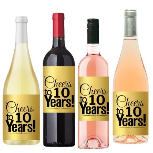 CakeSupplyShop Item#010CWB 10th Birthday/Anniversary Cheers Metallic Gold Wine Bottle Labels-8ct
