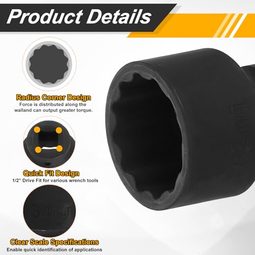 Image of HARFINGTON 5pcs 1 /2 inch Drive x 34mm Shallow Impact Socket 12-Point Metric CR-V Steel Spindle Nut Impact Flip Sleeve for Home Auto Nuts Bolts Repair