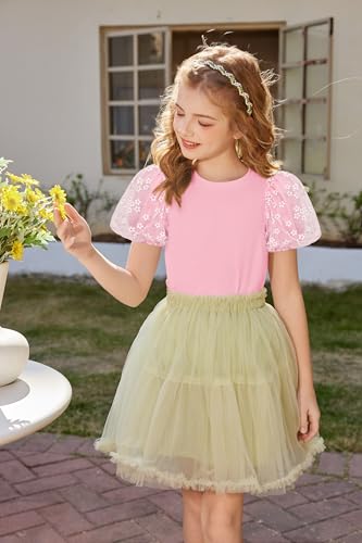 Image of Arshiner Girls Shirts Mesh Puff Short Sleeves Blouse Crewneck Cute Print Summer Kids Tee Tops