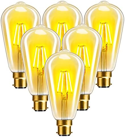 Vintage Edison Light Bulbs, TopLeder B22 Dimmable LED Bulb Bayonet Cap LED Filament Bulbs, 4W(40W Equivalent) 2700K Warm White, ST64 Amber Glass Decorative Bulbs, No Flicker Retro Bayonet Bulbs 6-Pack