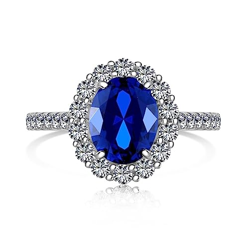 Ambica New York Solid Sterling Silver Ring, Princess Diana Ring, Kate Middleton Ring, Simulated Sapphire Ring, Royal Wedding Ring, Halo Engagement Ring