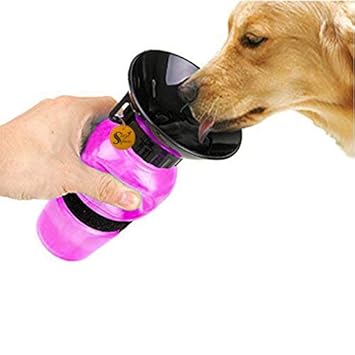 Sage Square Portable Travel Outdoor/Indoor Water Bottle Cum Bowl Cum Water Feeder Cum Dispenser with Wrist Strap for Dog/Cat/Puppy/Kitten (Pink)