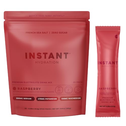 Instant Hydration Sugar Free Electrolytes Powder Packets - Raspberry Electrolyte Drink Mix & Travel Essentials - Post Workout Recovery Brain Health Muscle & Tissue Support - 20 Sticks