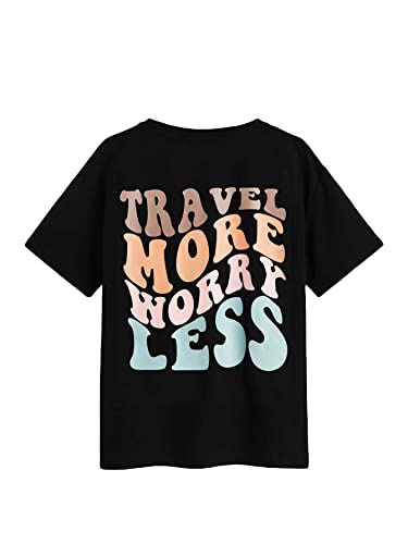 COZYEASE Girls' Graphic Letter Print T Shirts Short Sleeve Cute Casual Summer Tops Black 9Y CELY0707 -CESTT20240524