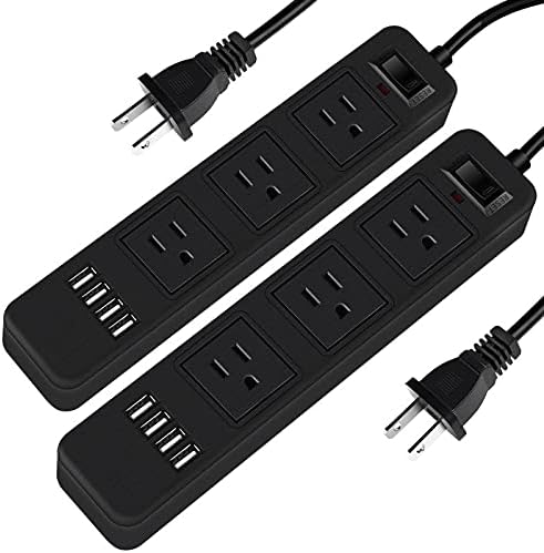 2 Pack Power Strip USB Charger, 2 Prong Plug to 3 Prong Multi Outlets Adapter 6.6 Ft Extension Cord with 3 Outlets Ports 4 USB Charging Ports for Smartphone, Tablets, Home Office-Black