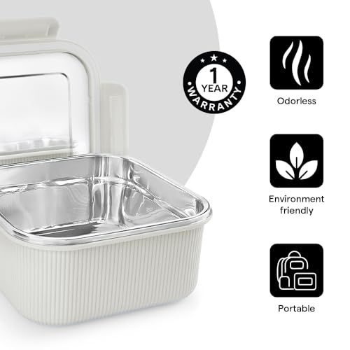 Image of Larah by BOROSIL Freshbyte Food Storage Container with Airtight Stainless Steel Lid | Fridge Container for Lunchbox | Food Grade | Microwave Safe (Grey, 1600 ml, Square)