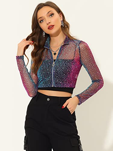 Allegra K Women's Crop Bomber Jacket Sheer Tops Mesh Sparkly Glitter Rave Outfit Halloween Clubwear Night Out Top2