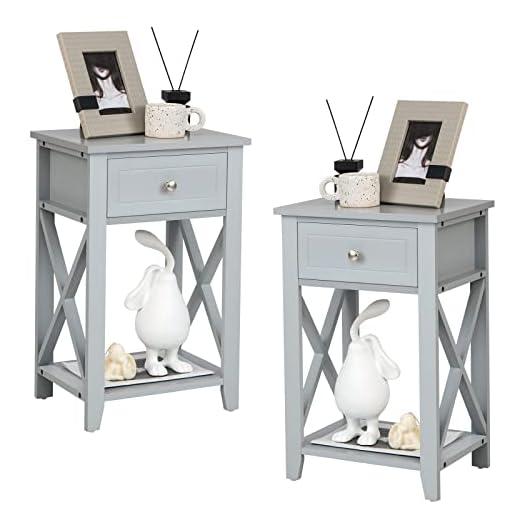 LIFEZEAL Mesita de Noche, mesilla de Noche con cajón y Estante Abierto, Mesa Auxiliar de Madera en Forma de X, Mesa de café lámpara, para Dormitorio, salón, Oficina, 40 x 30 x 61,5 cm (Gris x2)