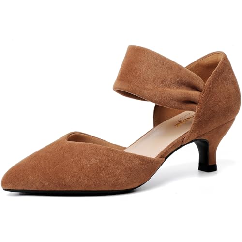 Image of RIBONGZ Kitten Heels for Women Closed Toe Comfortable Low Heels Pointed Toe Sexy Slip on Pumps Bridal Party Dressy Shoes
