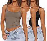 WIHOLL Tank Top for Women Fashion Spaghetti Strap Shirts Basics Crop Tops for Women Cute Summer Clothes 3 Pack Brown White Black S