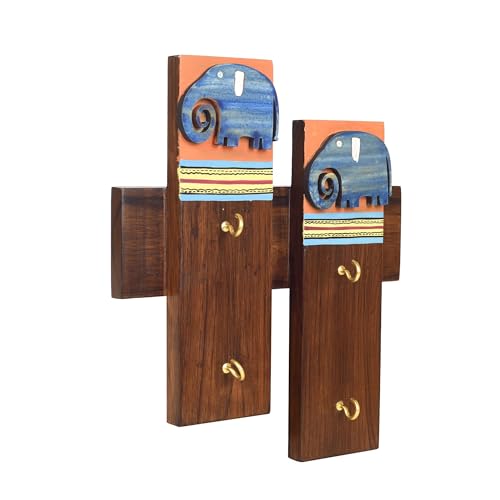 Image of AAKRITI ART CREATIONS Key Holder, Elephant Bros Key Hanger | Rustic Wood Wall Organizer with 4 Hooks | New Home Gifts | Multifunctional Entryway Decor Item