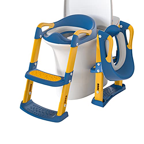 GLAF Anti-Slip Foldable Toddler Potty Training Seat with Step Stool Ladder for Kids Boys Girls Adjustable Toddler Toilet Training Seat Chair with Comfortable Cushion Safe Handle Anti-Slip Pads(Blue)