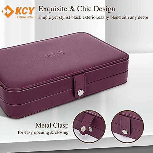 KCY Travel Jewellery Box Organiser for Women Girls, PU Leather Small Jewellery Storage Case, Portable Jewelry Holder Tray for Ring Earrings Necklace Bracelet, Purple