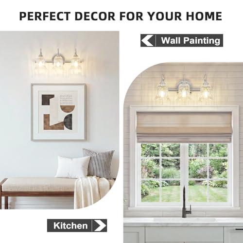 Image of Bathroom Light Fixtures Over Mirror, 3 Lights Vanity Lights with Flower Glass Shade, 18.9 inch Chrome Vintage Bathroom Light Fixtures for Bedroom, Porch, Hotel, Mirror Cabinet