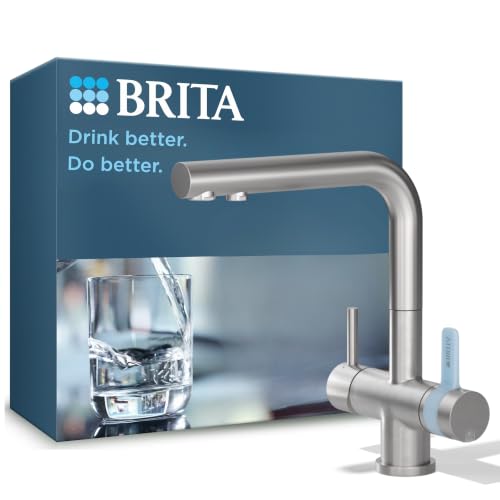 BRITA 3-Wege-Küchenarmatur (Edelstahl eckig) inkl. 1 x BRITA P 1000 Wasserfilter Küchenarmatur für gefiltertes und ungefiltertes Wasser direkt aus der Leitung