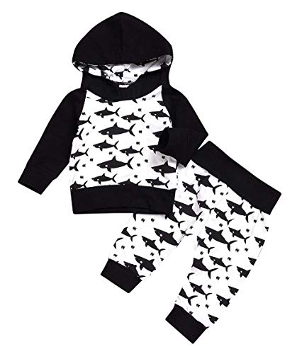 2PCS Toddler Infant Baby Boys Girls Fall Outfit Dinosaur Long Sleeve Hoodie Tops Sweatsuit Pants Winter Clothes Set (Black+White, 6-12 Months)