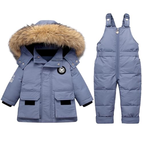 Acuryx Tuta da Neve 2 Pezzi da Bambini Ragazzi Capppotto in Piuma con Cappuccio Pellicia + Salopette da Neve Bambina Giacca Invernale Impermeabile Blu 2-3 Anni