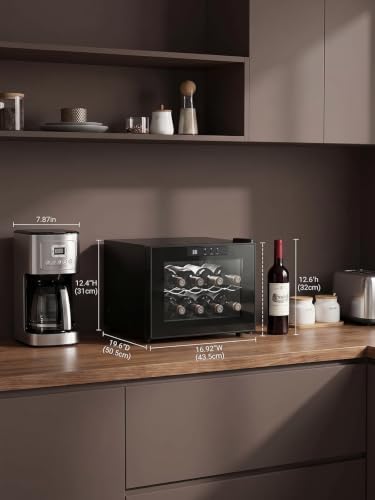 Foto von FOHERE Weinkühlschrank für 8 Flaschen, 22 Liter, Tisch-Weinkühlschrank mit Glastür, LED + Digitalanzeige, Getränkekühlschrank, 8-18 °C, Einzelzone