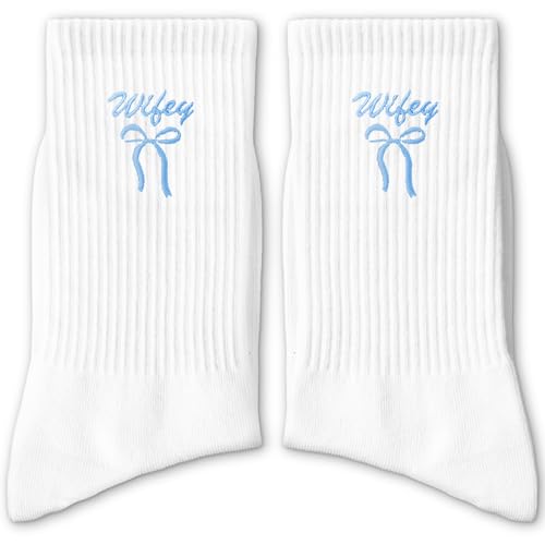 FUQWZ Wifey Crew Socks with Blue Bow for Wedding Day Outfits, Romantic Gift for Wife, Newlywed Bridal Accessories, Honeymoon Essentials, Cute Engagement Outfit for Bride to Be(315)