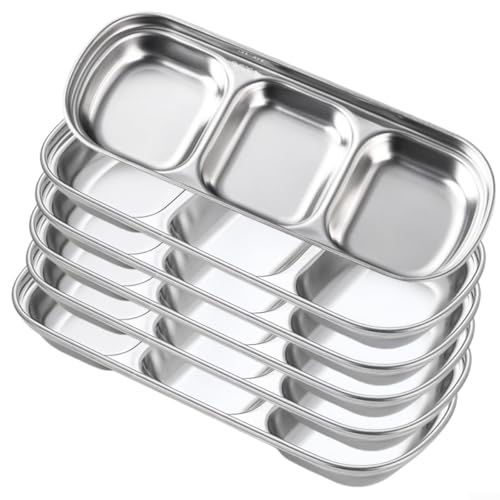 Opatiny Juego de platos de acero inoxidable con 3 compartimentos, 6 cuencos de inmersión para barbacoa, fiestas y uso diario, plato apilable para aperitivos, color plateado
