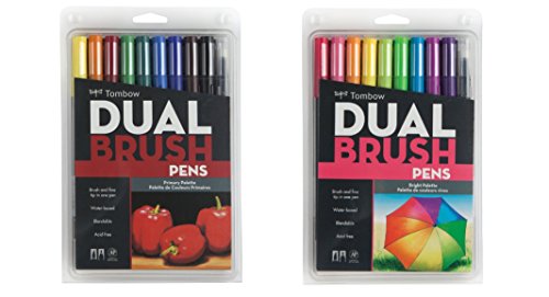 Image of Tombow Dual Brush Pen Art Markers Set = Primary Colors (10 Color Pack) + Bright Colors, Multicolor