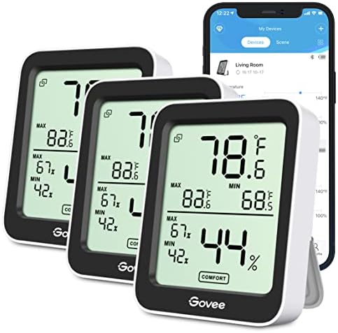 Govee Indoor Hygrometer Thermometer 3 Pack, Bluetooth Humidity Temperature Gauge with Large LCD Display, Notification Alert with Max Min Records, 2 Years Data Storage Export for Room Greenhouse, Black