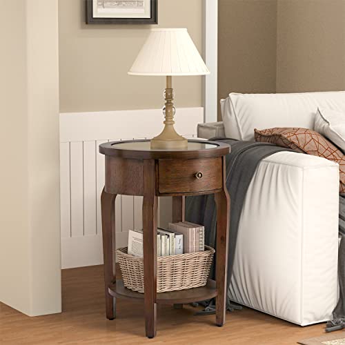 Sunbury Round Side Table W Drawer, Round Wooden Accent Table Wood End Table Living Room, 18" Wood Nightstand W Mirrored Tabletop, Mdf Brown Bed Side Table Accent End Table #TOP1