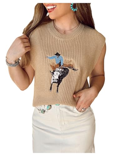 WDIRARA Women's Cowboy Embroidered Sweater Vest Crew Neck Sleeveless Pullovers Ribbed Knit Tank Tops