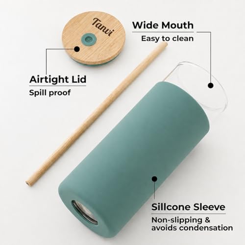 Image of Giftana Personalized Borosilicate Glass Water Bottle 500ml with Glass Sipper Tumbler 450ml, Reusable Leakproof Drinking Bottle with Silicone Sleeve, Eco-Friendly Bottle for Office Gym Travel (Green)