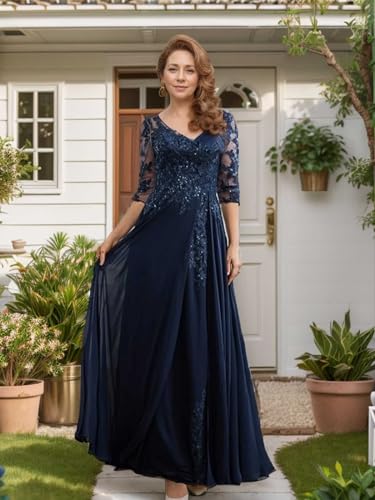 Sparkly Sequin Lace Mother of The Bride Dresses for Wedding 3/4 Sleeve Chiffon Long Prom Formal Evening Gown2