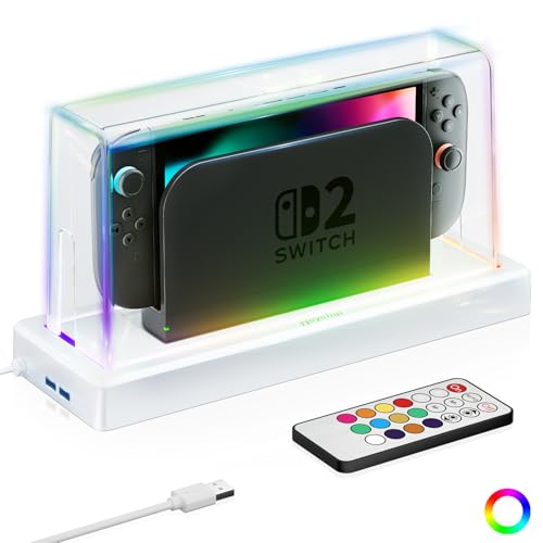 HEYSTOP Switch 2 Cubierta Antipolvo para Nintendo Switch 2 Dock, Funda Protectora Switch 2 para Nintendo Switch 2 Accesorios con Múltiples Opciones de Iluminación LED Antipolvo y Antiarañazos