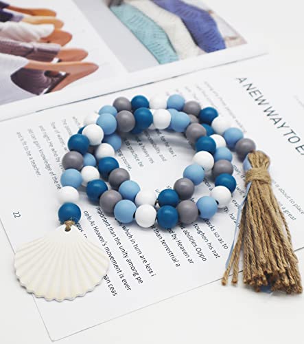 Wood Bead Garland, Farmhouse Beads With Tassel, Neutral Home Decor Rustic Country Decor Prayer Boho Beads Big Wall Hanging Decor (White And Blue) #TOP5