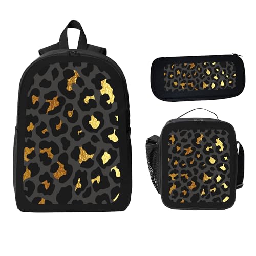 Black Gold Leopard Print 3 Pcs 17 Inches Backpack Set with Insulated Lunch Bag And Pencil Pouch Large Back Pack for Men Women Lunchbox Pencil Case Waterproof Backpacks Lunch Box 3 Piece Daypacks2