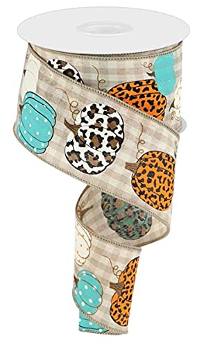 Leopard Pumpkins on Check Canvas Ribbon with Wired Edge, 10 Yards (Turquoise, Orange, 2.5 Inch)