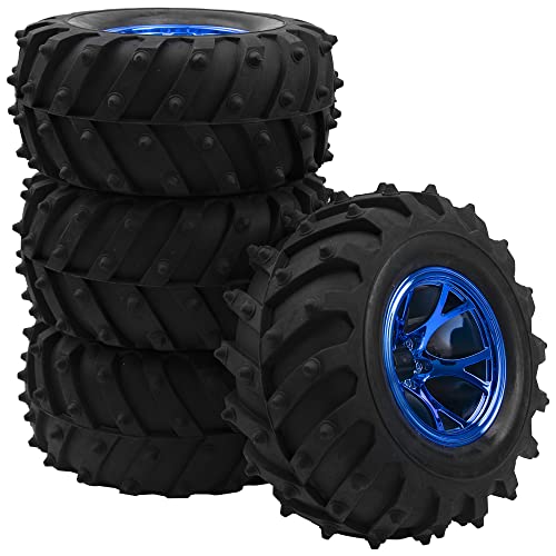 HIRCQOO 4.72\'\'OD Rubber Tires & Wheel Rim 12mm Hex Hub Compatible with RedCat Volcano Traxxas Rustler HPI HSP Tamiya Exceed Himoto 1/10 Off-Road Monster Truck,120mmx56mm (Blue)
