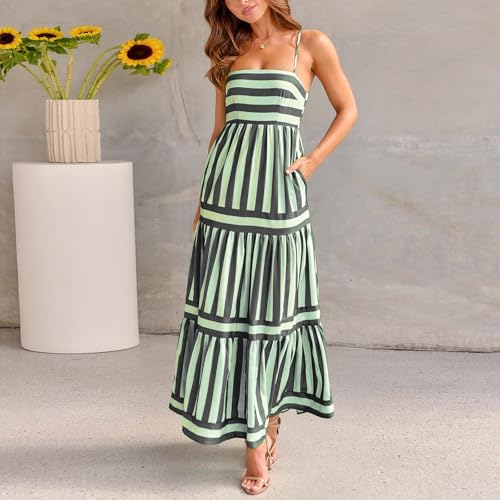 Image of Yuemengxuan Boho Maxi Dresses for Women Spaghetti Strap Flowy Smocked Long Dress Casual Summer Vacation Beach Maxi Dress
