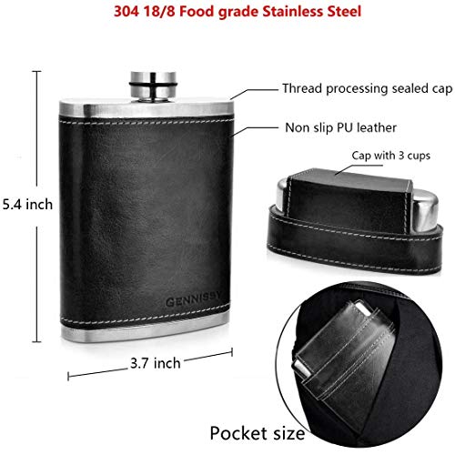 Image of GENNISSY 18 /8 Stainless Steel 8oz Flask - Americal Flag Black Leather with 3 Cups and Funnel 100% Leak Proof(Black Without US Flag)