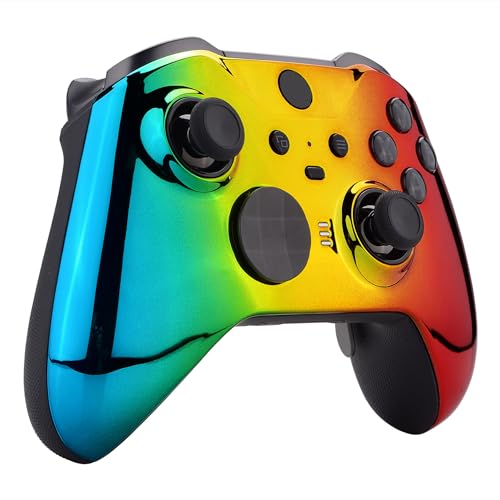 Image of eXtremeRate Tri-Color Gradient Glossy Faceplate Cover, Chrome Cyan Gold Red Replacement Front Housing Shell Case for Xbox One Elite Series 2, Elite 2 Core Controller Model 1797 - Accent Rings Included