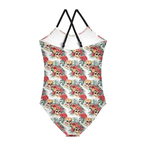 senya Girls Swimsuits One-Piece Swimwear Tie Bathing Suit Beach Summer Round Neck 7-8T Skull Hawaiian Flower Pattern2