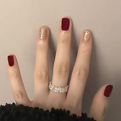24枚セット 短い偽の爪 ワインレッド 金箔ネイル ネイルチップ 結婚式、パーティー、二次会などに ネイルアート