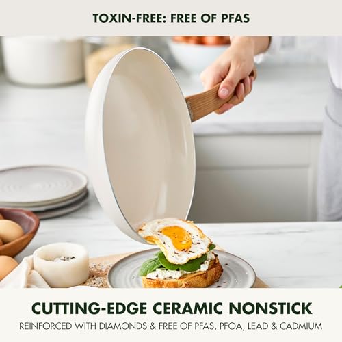 Image of GreenPan Rio Essence Wood 10 Piece Cookware Pots and Pans Set, Healthy Ceramic Nonstick, PFOA & PFAS-Free Coating, Induction, Silicone Rim Lids, Stay-Cool Wood Print Handles, Dishwasher Safe, White